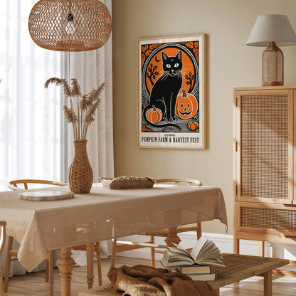 Black Cat and Pumpkin Farm Poster