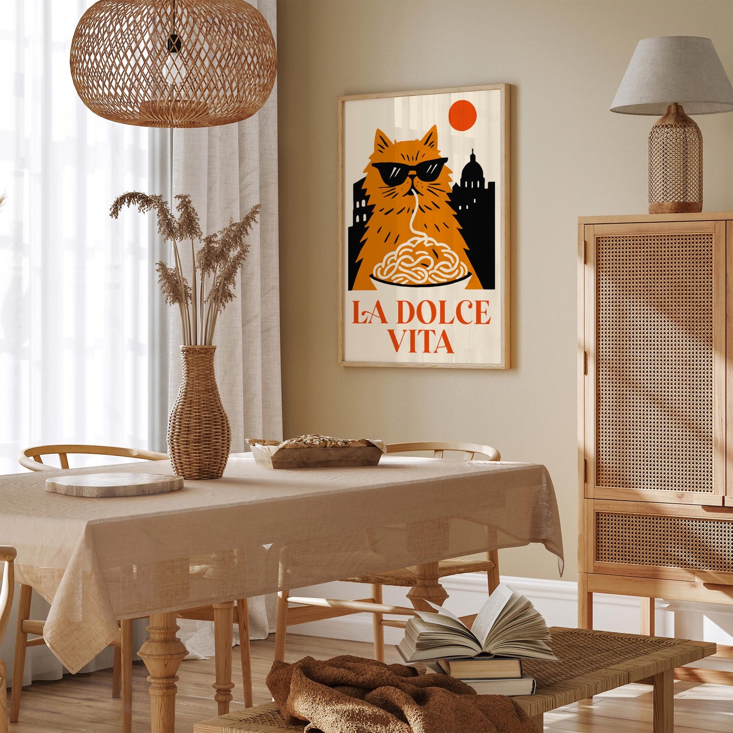 La Dolce Vita Poster - Funny Cat Eating Spaghetti Wall Art Print