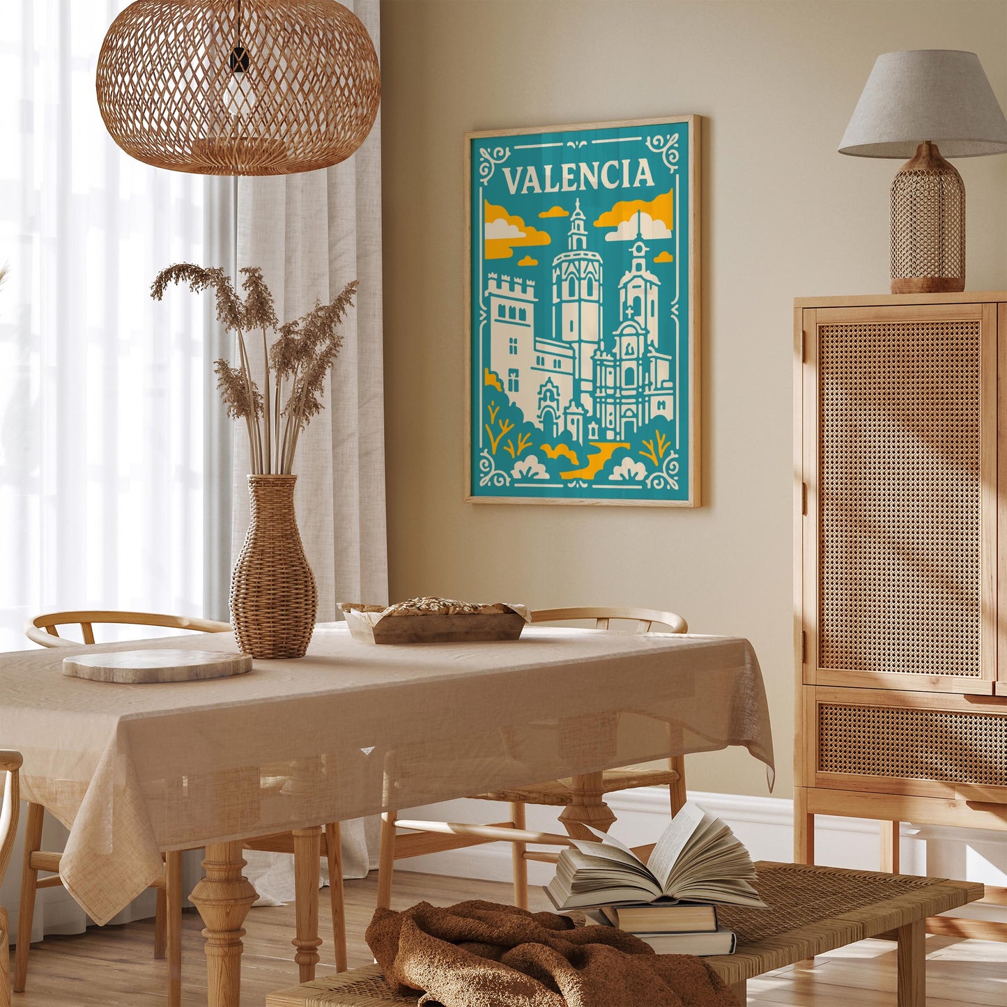 Valencia Spain Poster - Teal Yellow Cathedral Wall Art