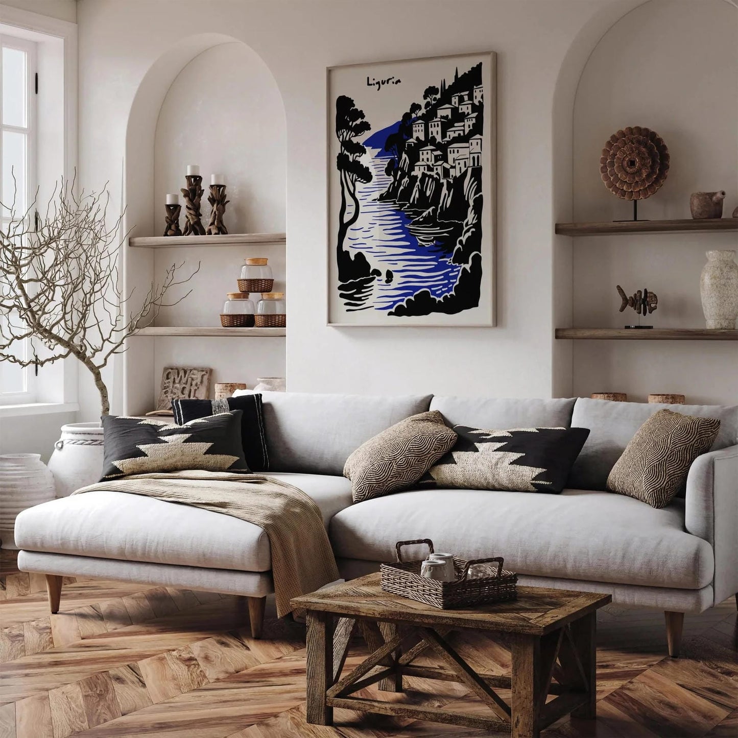 Liguria Italy Travel Art Print – Black & Blue