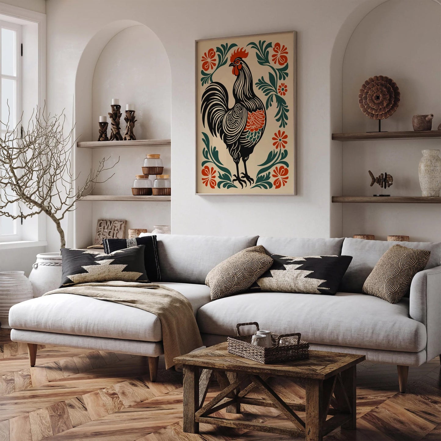 Folk Rooster Kitchen Wall Art – Rustic Farmhouse Decor