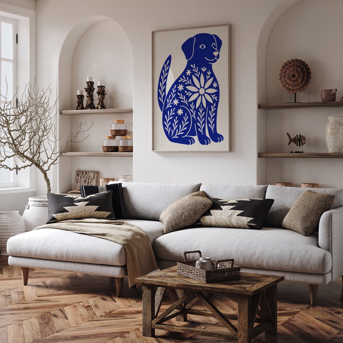 Cute Blue Dog with Floral Pattern Poster