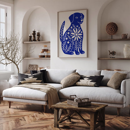 Cute Blue Dog with Floral Pattern Poster