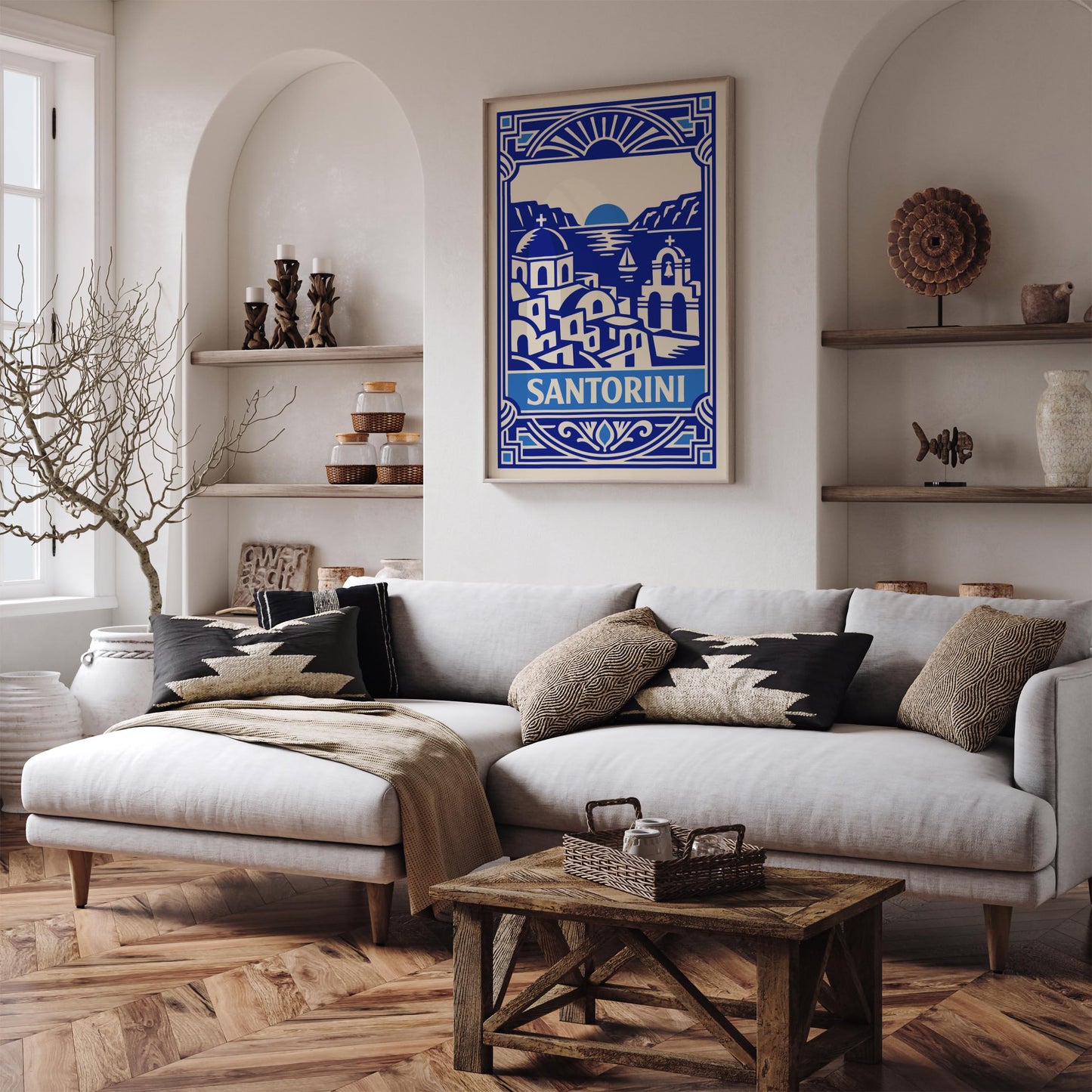 Blue Art Deco Santorini Wall Art Print – Greek Island Decor