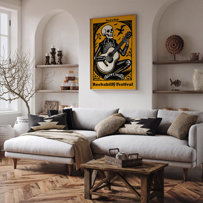 Yellow Skeleton Playing Guitar Rockabilly Music Poster