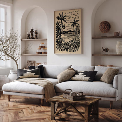 Thailand Vintage Black Ink Style Tropical Landscape Poster