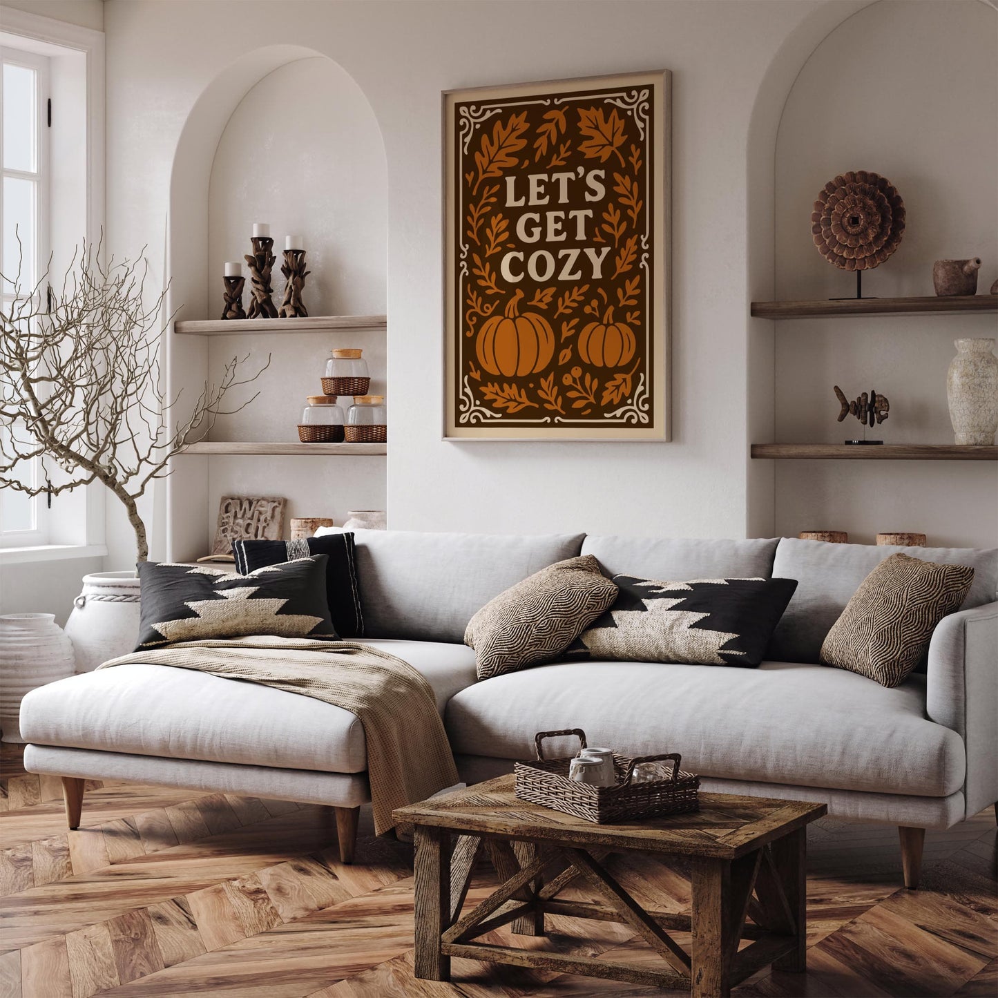Lets get cozy Poster - Autumn Pumpkins Art Print