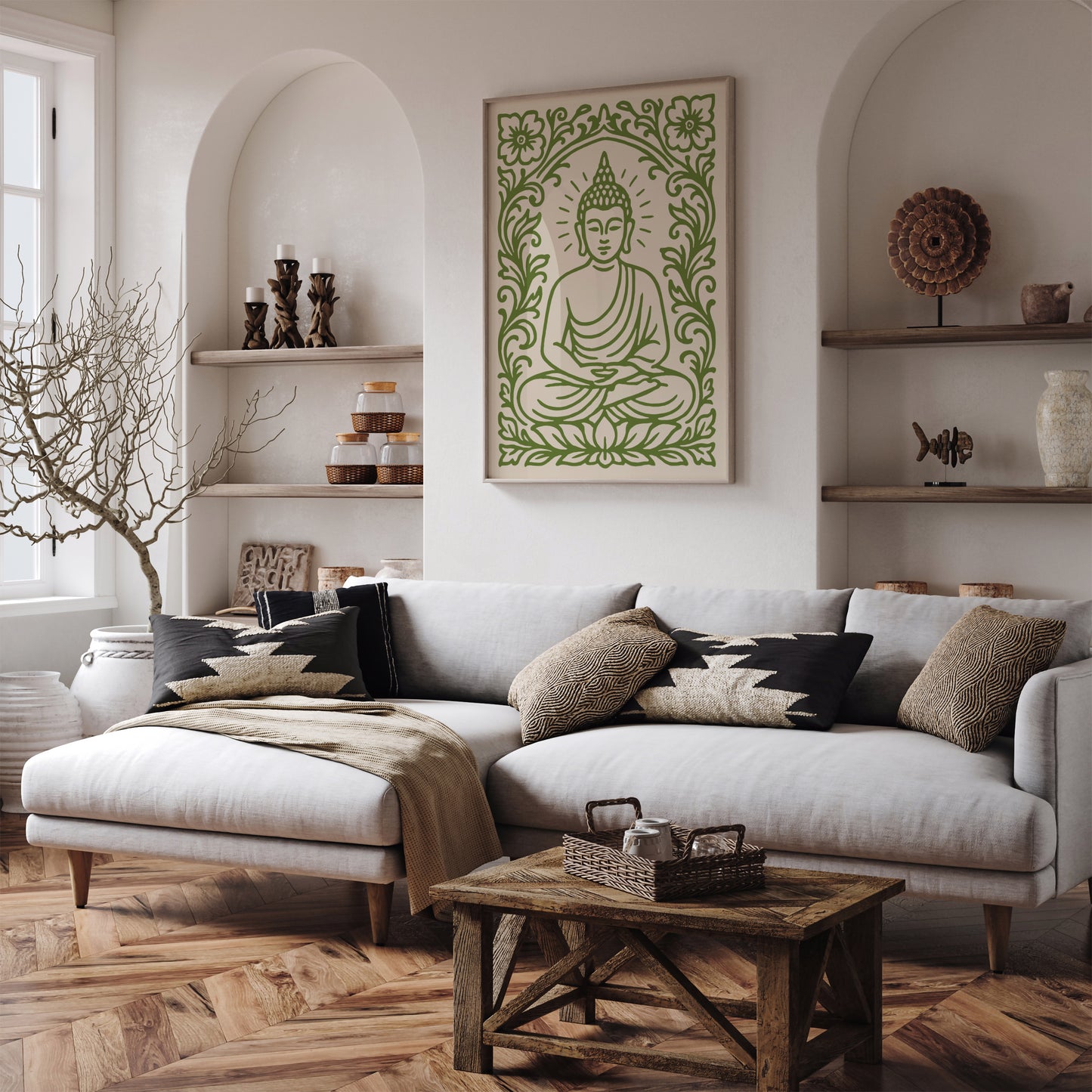 Green Sitting Buddha Poster – Floral Buddhist Art Print