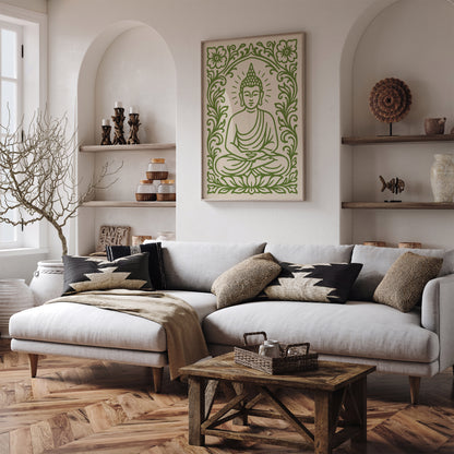 Green Sitting Buddha Poster – Floral Buddhist Art Print