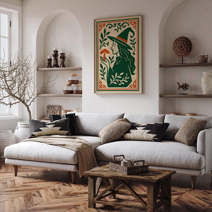 Green & Orange Witch Mushroom Halloween Print