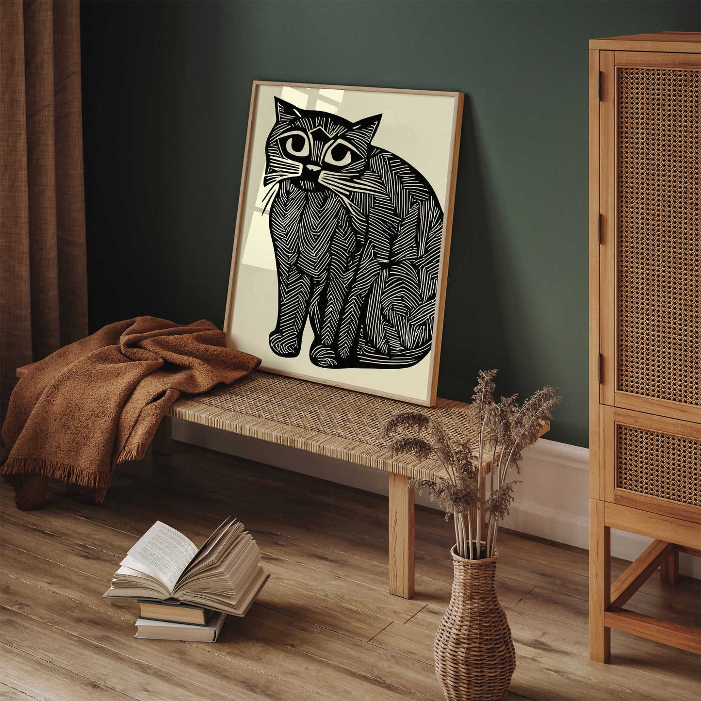 Linocut Chubby Cat Wall Art Print