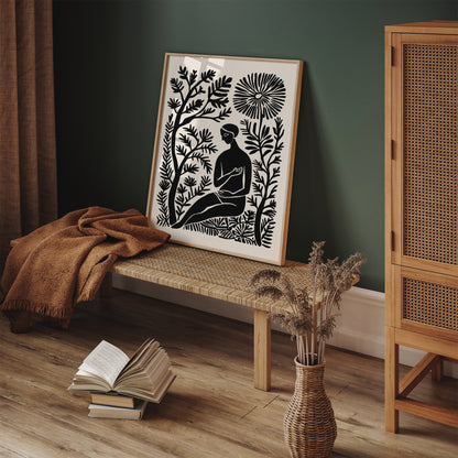 Sitting Woman Floral BW Poster