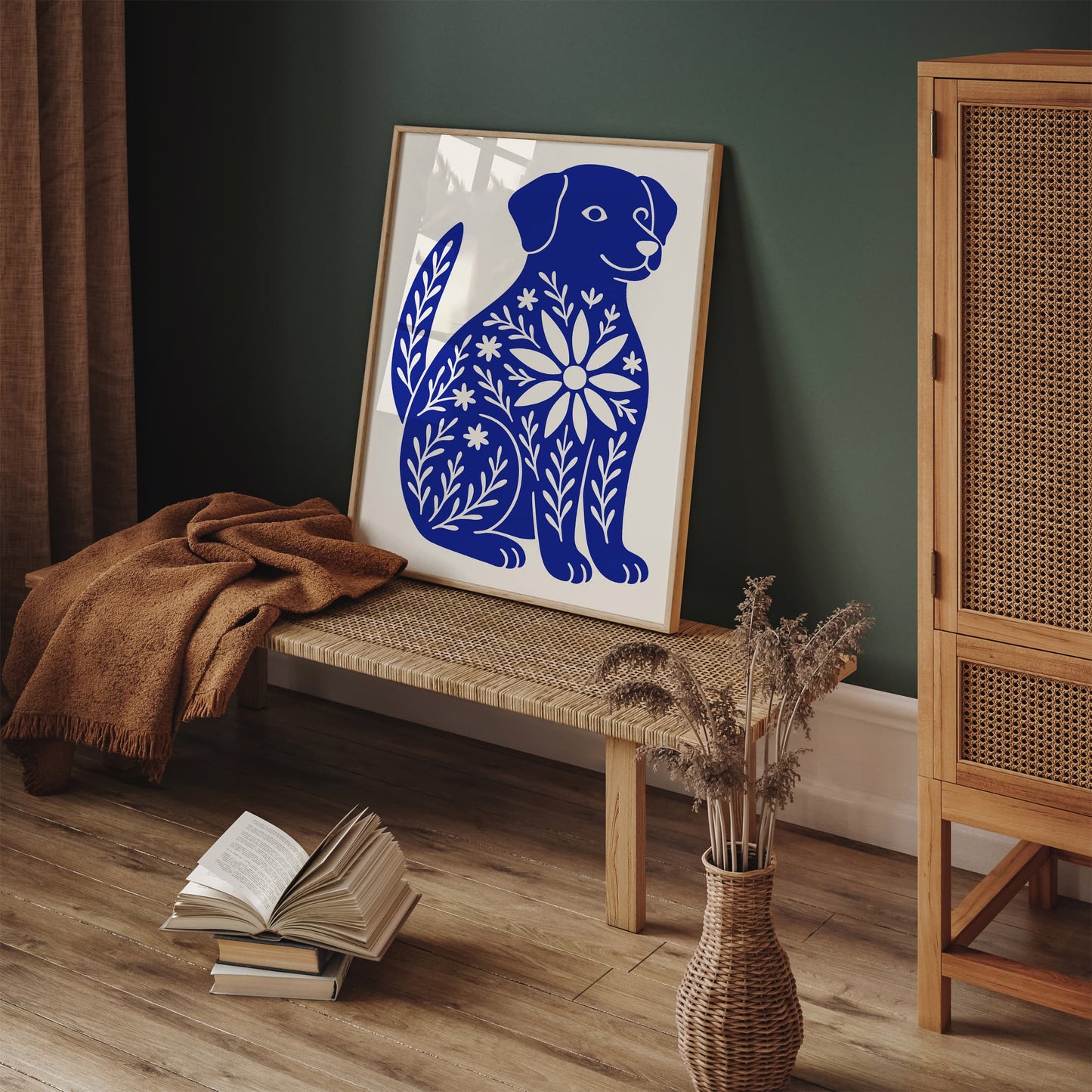 Cute Blue Dog with Floral Pattern Poster