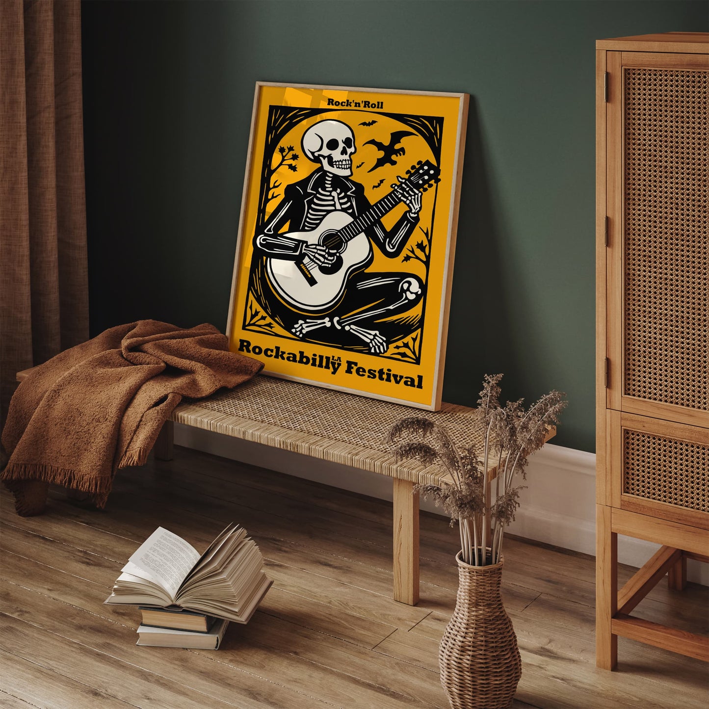 Yellow Skeleton Playing Guitar Rockabilly Music Poster