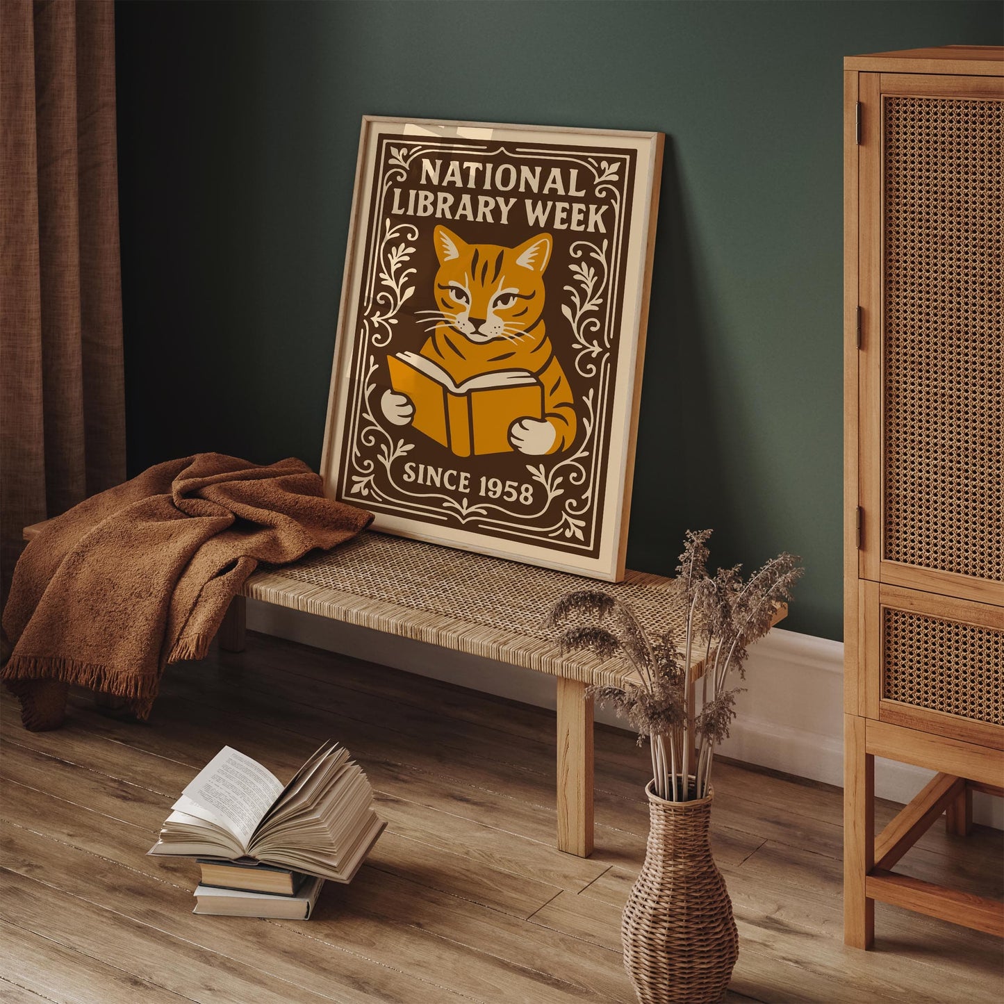 National Library Week Poster, Cat Reading a Book Print