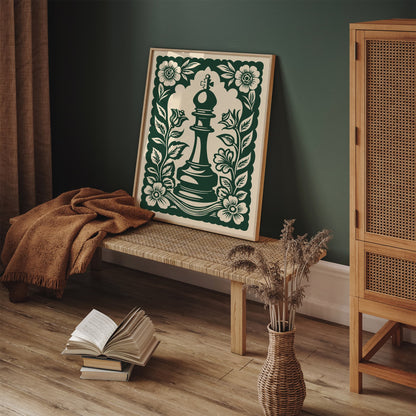 Green Linocut Chess Piece Poster