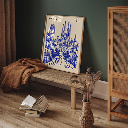 Barcelona Spain Blue Cityscape Travel Poster