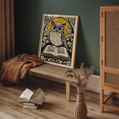 Vintage Owl with Book Linocut Style Print