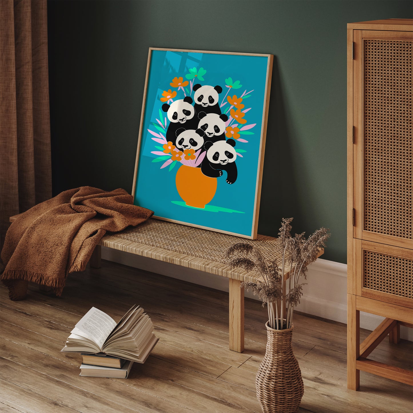 Funny Panda Flowers Kids Room Decor Print