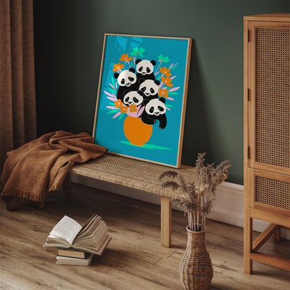 Funny Panda Flowers Kids Room Decor Print