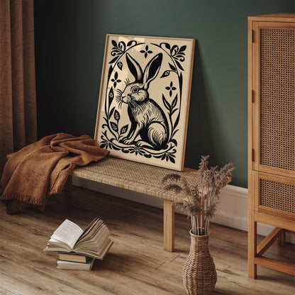 Black Rabbit Poster in Linocut Style