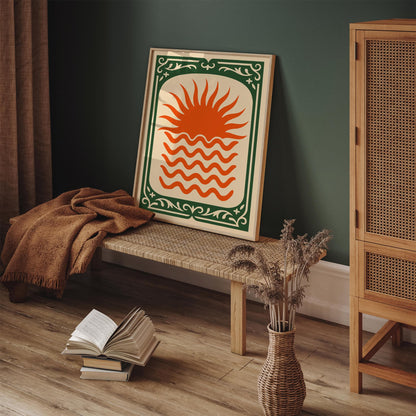 Orange Sun Poster - Green Frame Abstract Wall Art
