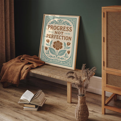 Progress Not Perfection Quote Poster - Floral Rococo Art Print