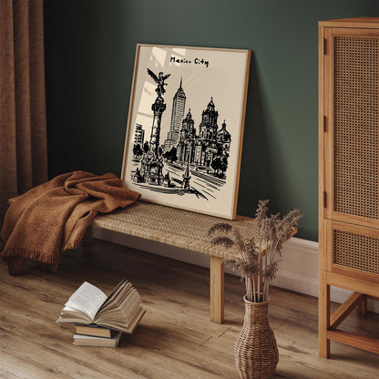Mexico City Poster - Black Ink Sketch Art