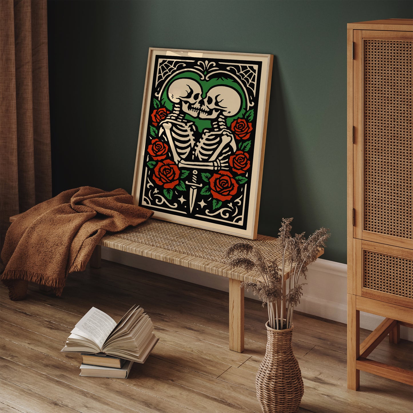 Rockabilly Skeletons Couple Poster - Halloween Romantic Kiss Art Print