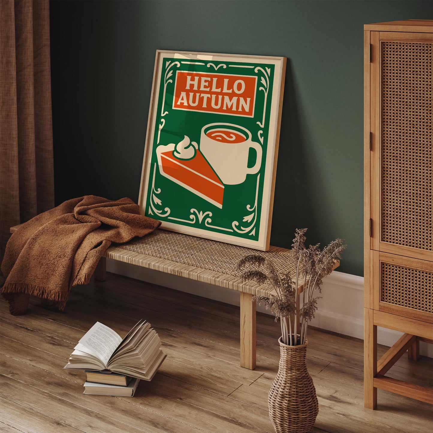 Hello Autumn Poster - Pumpkin Pie and Hot Cocoa Drink Wall Art