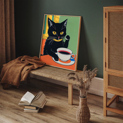 Black Coffee Cat Retro Print