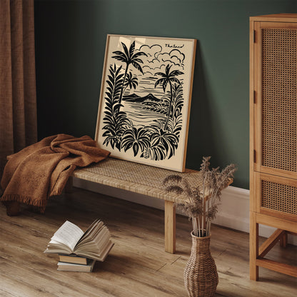 Thailand Vintage Black Ink Style Tropical Landscape Poster