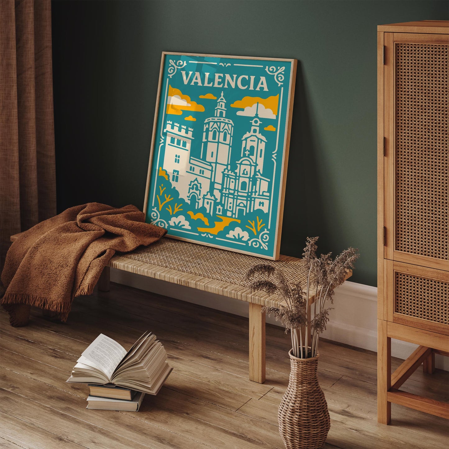 Valencia Spain Poster - Teal Yellow Cathedral Wall Art
