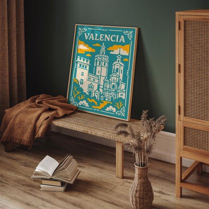 Valencia Spain Poster - Teal Yellow Cathedral Wall Art