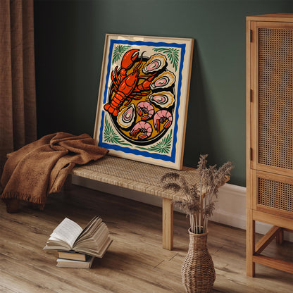 Colorful Retro Seafood Plate Poster - Seafood Lovers Gift