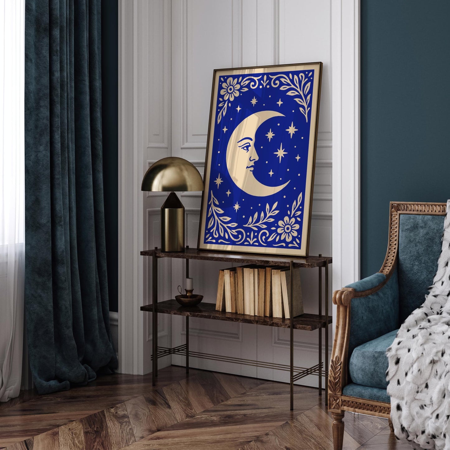 Blue Moon Poster - Rococo Floral Bedroom Wall Art