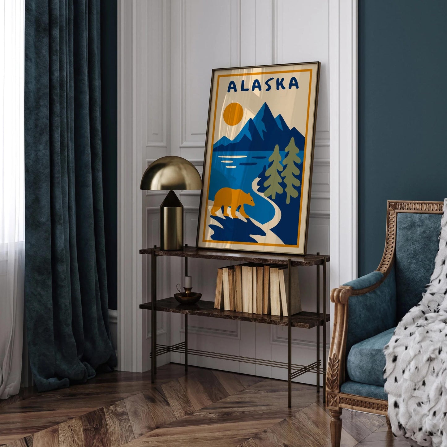 Alaska Landscape with Mountains and Bear Poster