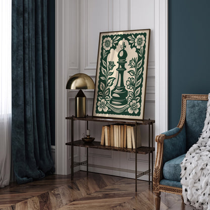 Green Linocut Chess Piece Poster