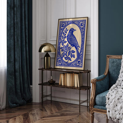 Blue Indigo Bird in Rococo Floral Frame Poster