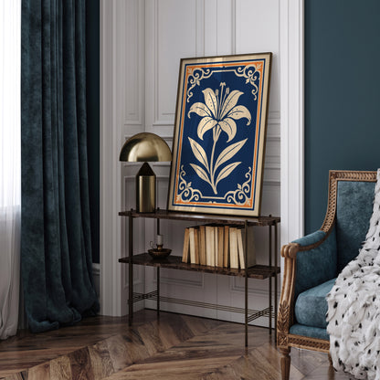 Orange Lily on Navy Blue Poster