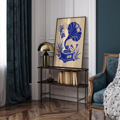 Blue Gramophone in Flowers Vintage Style Art Print