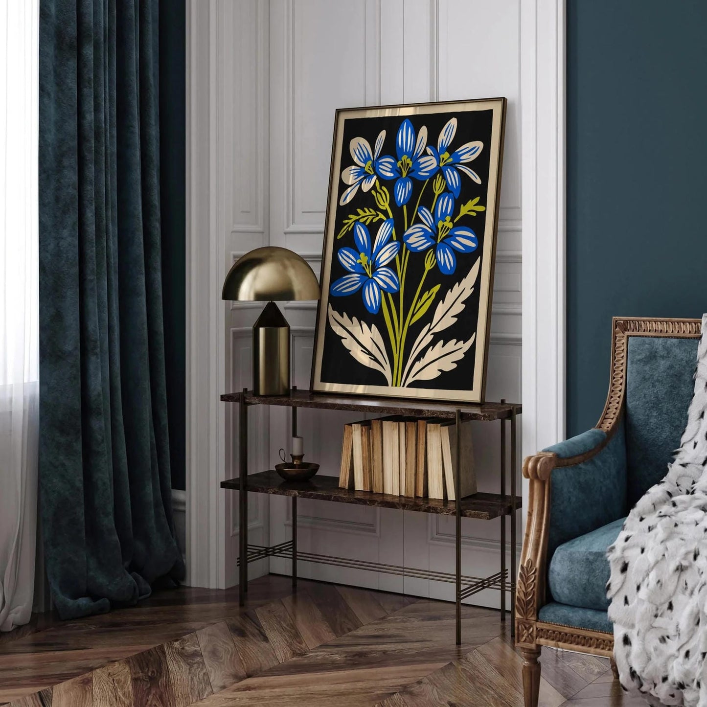 Retro Blue Flower Cutout Poster – Vintage Botanical Wall Art