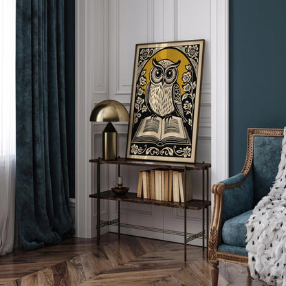 Vintage Owl with Book Linocut Style Print