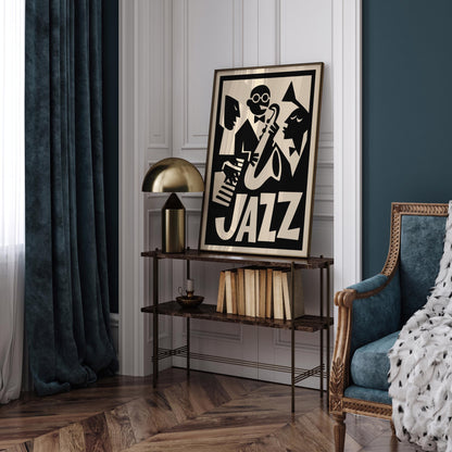 Black Retro Jazz Music Poster - Funny Cubist Music Art Print