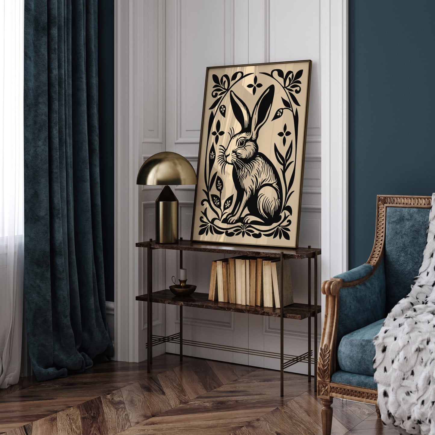 Black Rabbit Poster in Linocut Style