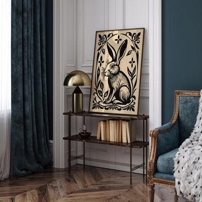 Black Rabbit Poster in Linocut Style