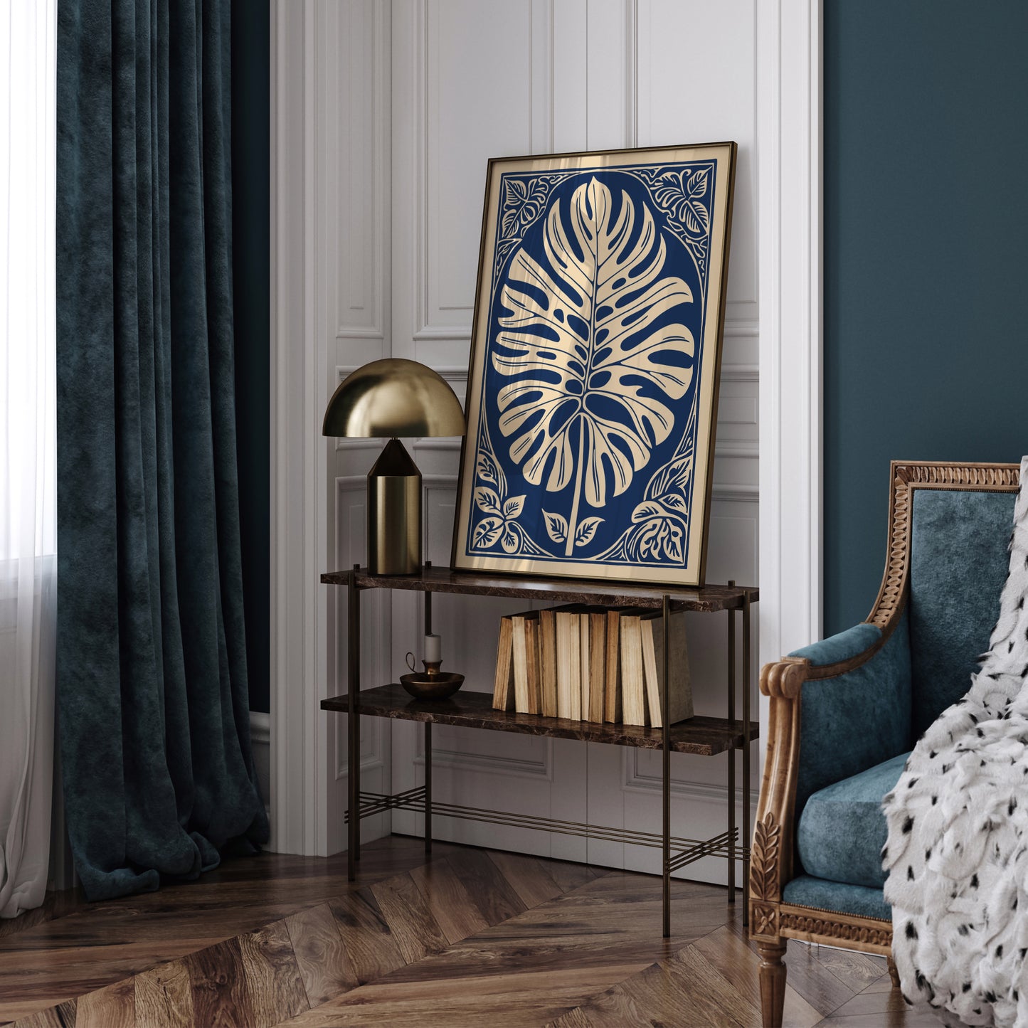 Navy Blue Monstera Leaf Poster