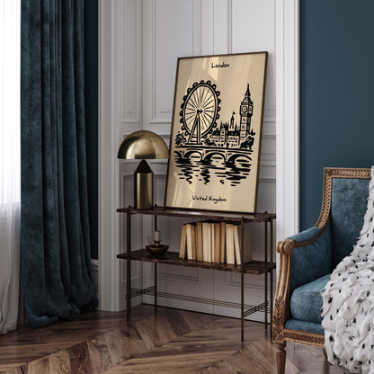 London United Kingdom - Black Ink Cityscape Wall Art Print
