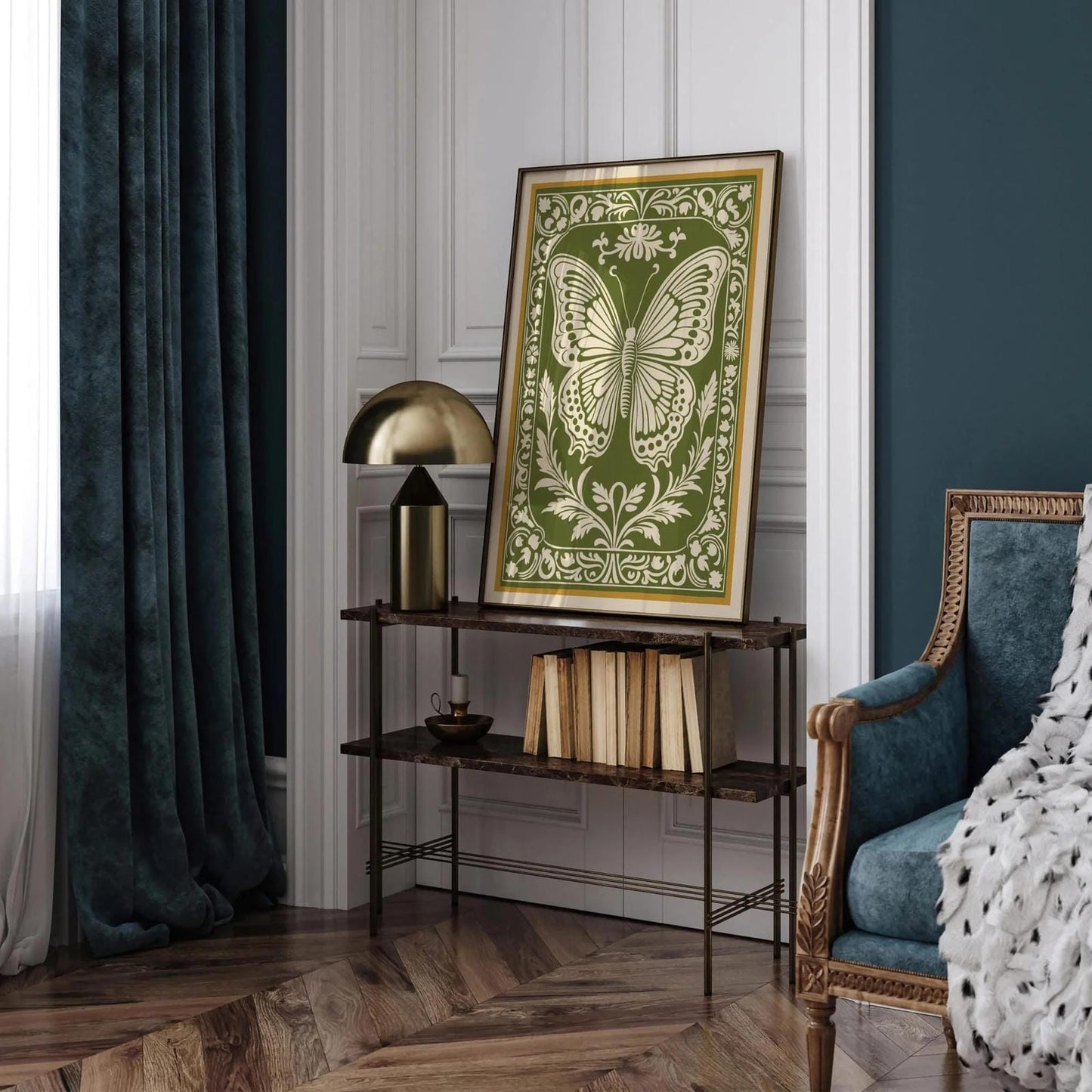 Green Butterfly Rococo Home Decor Art Print