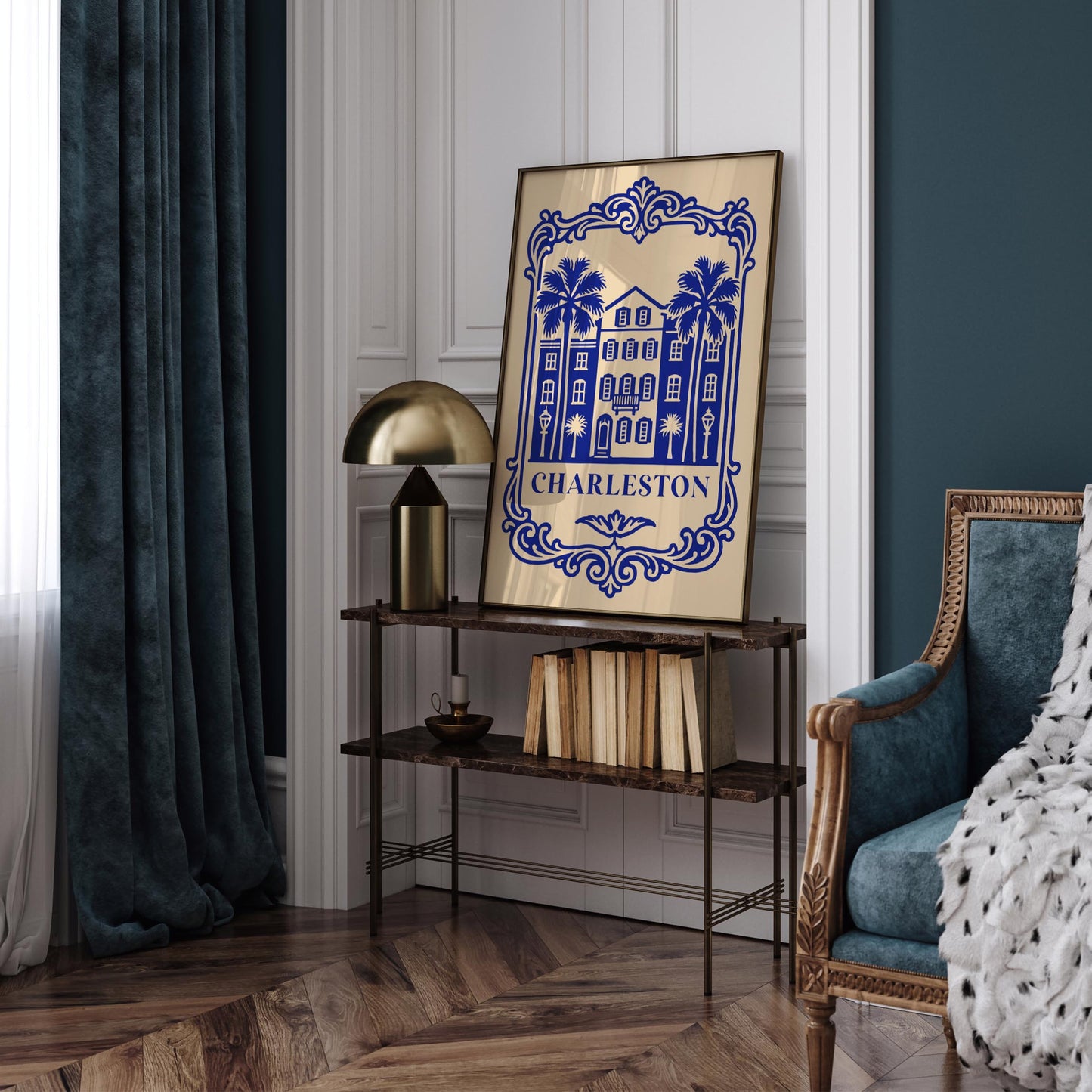 Charleston Blue Cityscape Poster – Vintage Travel Art